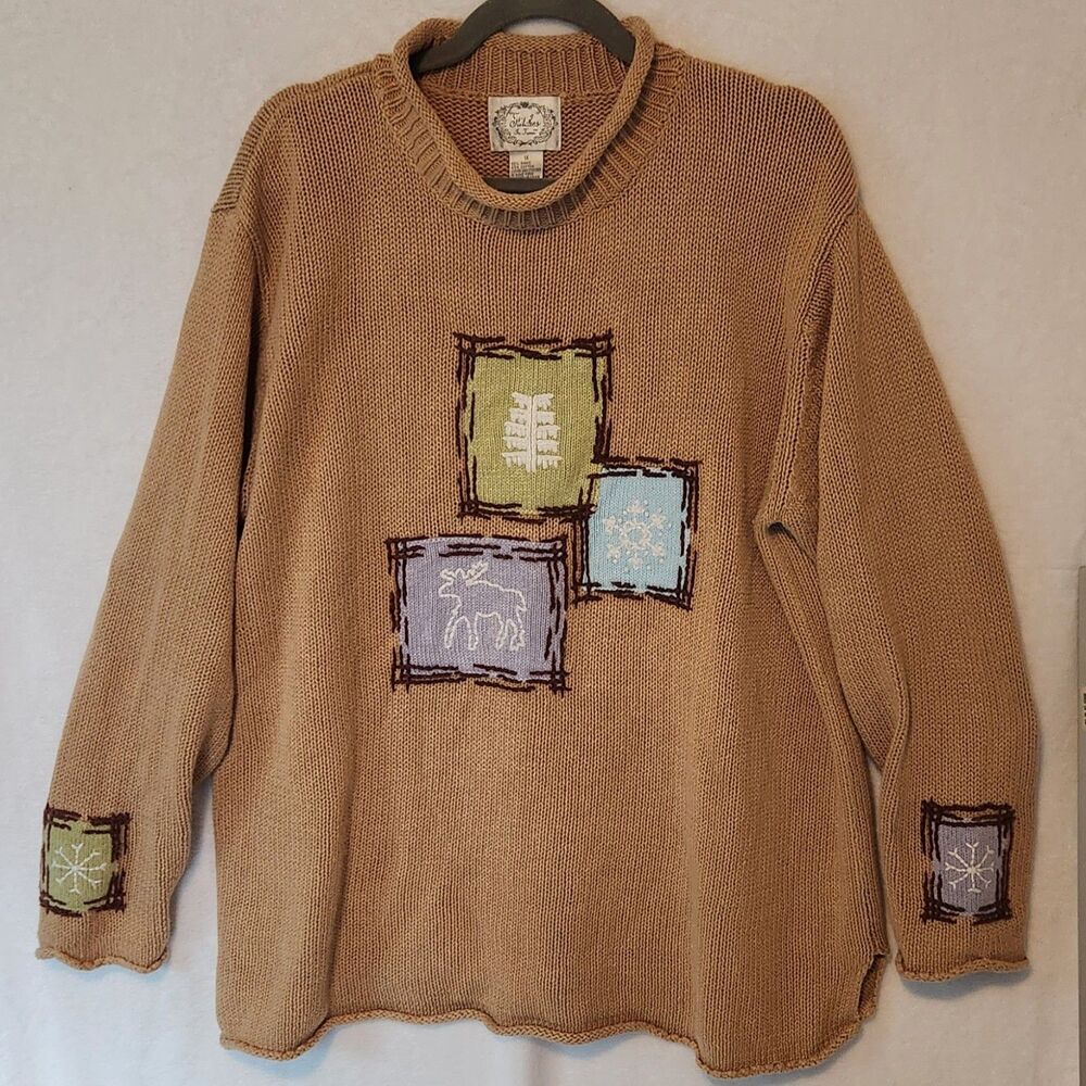 Vintage Stitches In Time Women’s 1X Tan Roll Neck Embroidered Sweater